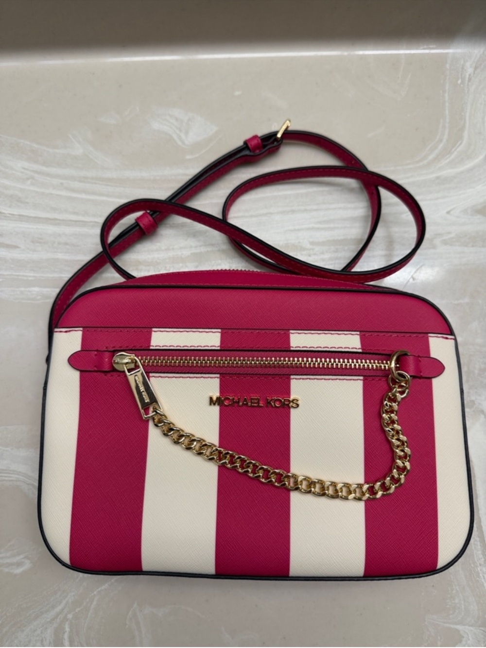 NWOT Michael Kors Pink & Cream Striped Crossbody Bag
